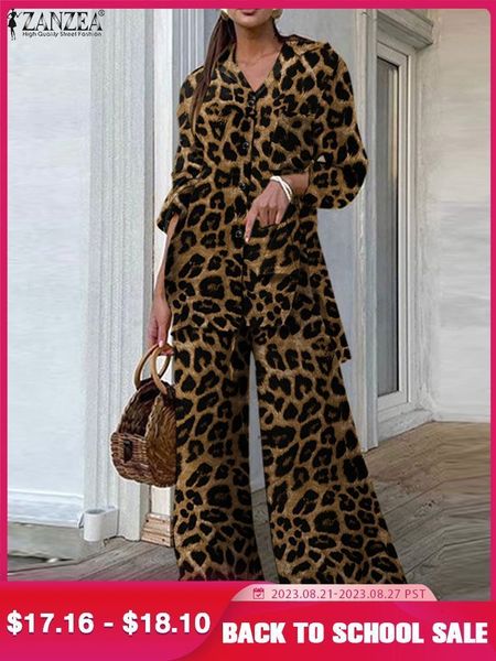 

women's tracksuits fashion women leopard print pant sets zanzea casual loose and pant outfits autumn wide leg pant leisure two piece s, Gray