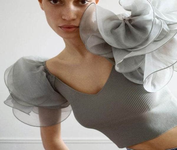 

women fashion organza patchwork knit shirt cascading ruffles v neck crop blouse puff sleeve slim ladies women039s blouses 8235538, White