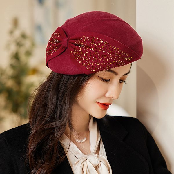 

Berets Female Gift Lady Irregular Pillbox Cap Fashion Cloche Hats Woman Felt Beret Party Formal Fedora Church 100 Wool Top Hat 230831, Wine red