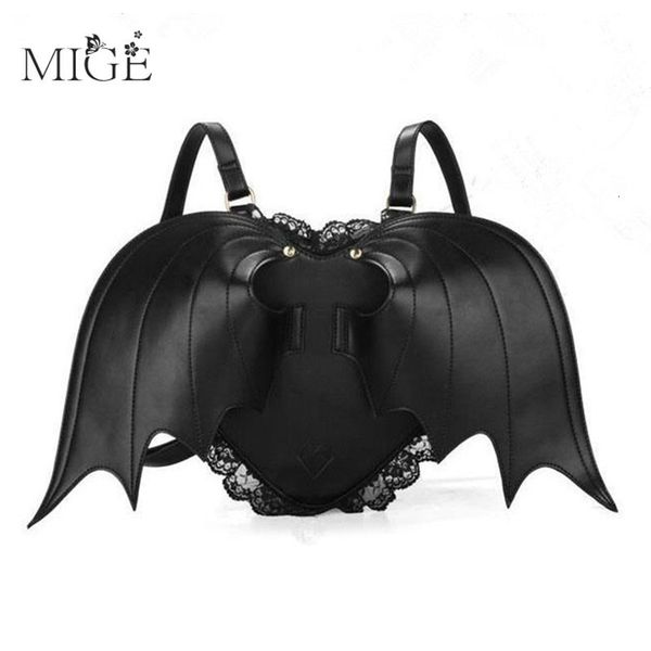 

school bags mini women's backpacks trend heart lace female bag small halloween bags black bat wings rucksack for girls fashion backpack