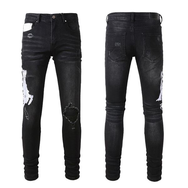 

mens jeans for guys rip slim fit skinny man pants orange star patches wearing biker denim stretch cult stretch motorcycle trendy long straig, Blue