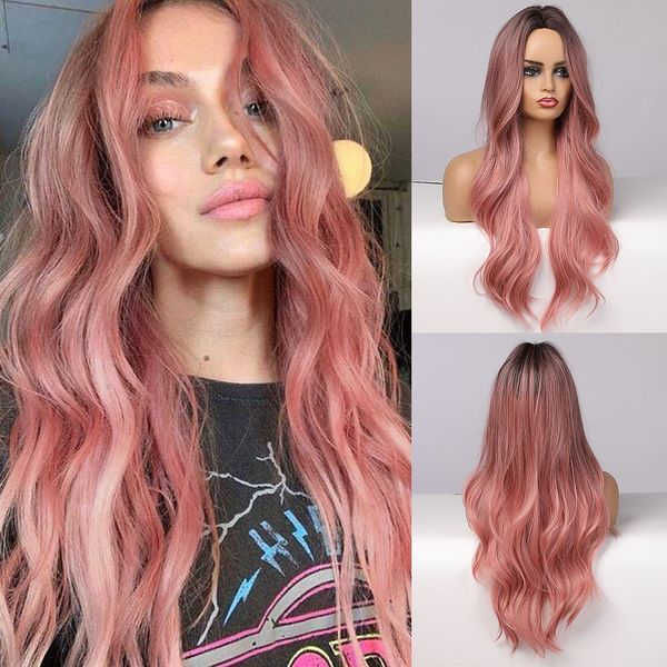 

pink wig with dark roots long body wavy synthetic wig middle parting heat resistant hair wig, Black