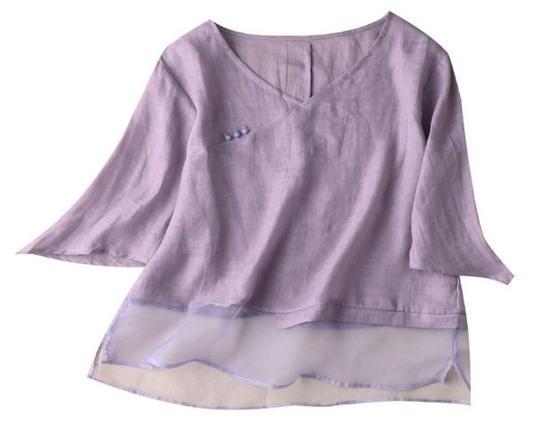 

shuchan purple blouses for women chinese style ramie patchwork vneck three quarter sleeve spliced ladies 2105082109824, White