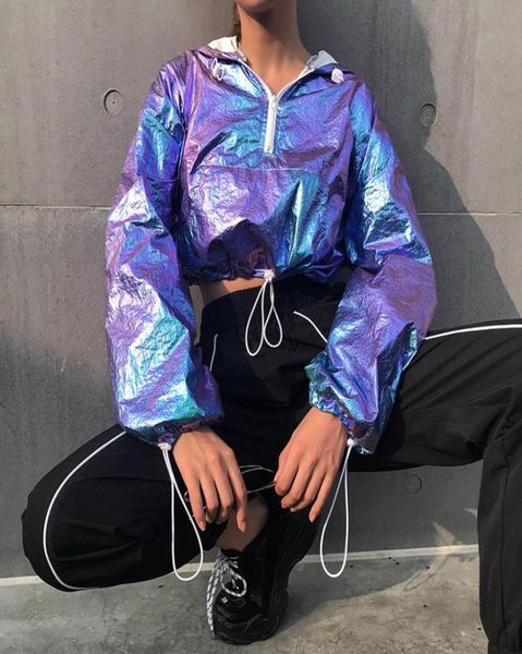 

2020 women rave outfit holographic jacket short hooded neon outfit dance crop women jazz dance street clothing2625165, Black;brown