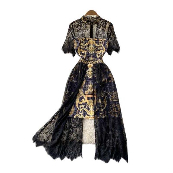 

designer birthday dress and spring summer french vintage maxi dress sundress ladies long sleeve orange polka dot chiffon pleated dresses fem, Black;gray