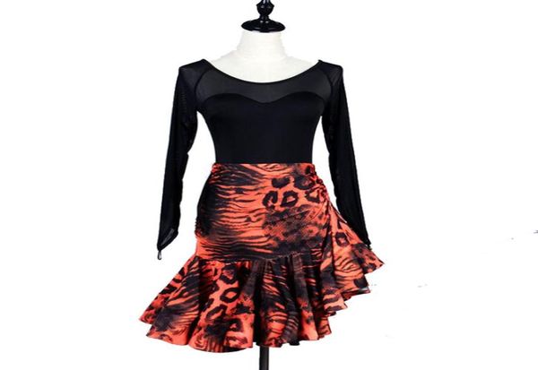 

latin dance dress women salsa dress tango samba costume shirt skirt set d0214 long net sleeve ruffled hem6488774, Black;red