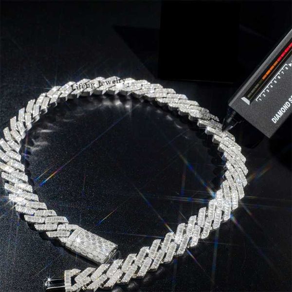 

sell 925 sliver white gold plated vvs moissanite pass diamond tester 18mm miami cuban link chain baguette necklaces for men, Silver