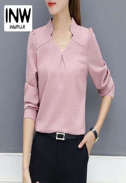 

2018 new arrival women blouse autumn work wear office shirts femme vneck long sleeve ladies striped blusa for mujer8464623, White