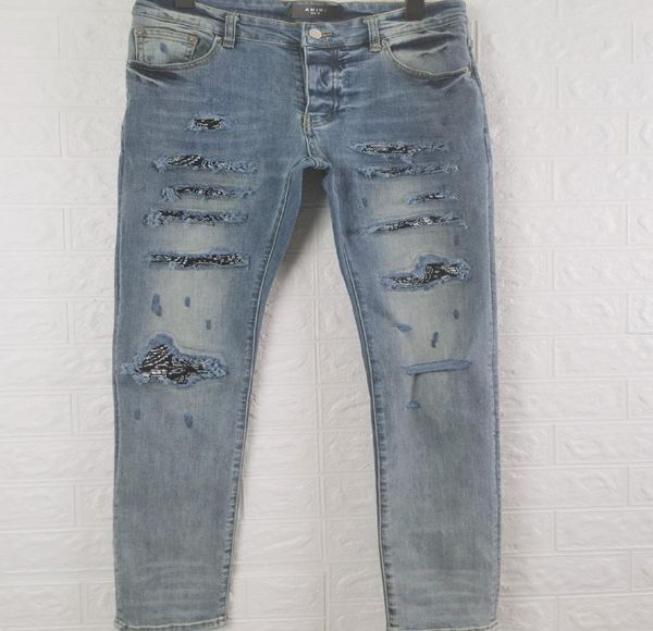 

falection mens 21ss amimike distressed bandanna patch ripped denim bluejeans3516981, Blue