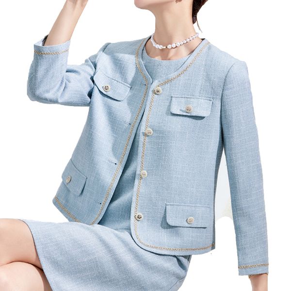 

two piece dress korea elegant 2 piece set women spring solid tweed long sleeve jacket coat retro fashion sleeveless a-line dress suit 230830, White
