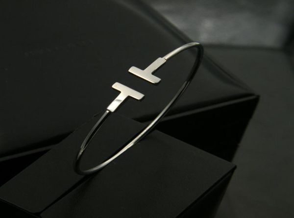 

pulsera mujer new luxury quality fashion women jewelry stainls steel open cuff double t bangle bracelet sier rose gold7170321, Black