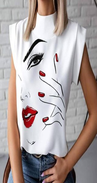 

women elegant lips print blouse shirts 2020 summer casual stand neck pullovers ladies fashion cute eye short sleeve blusa3042377, White