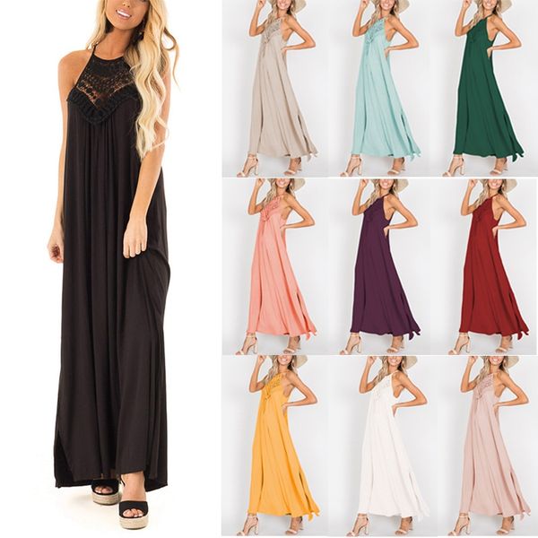 

new fashion casual maxi dresses women summer sleeveless evening party beach dress womens clothing apparel hollow out halter solid colour lac, Black;gray