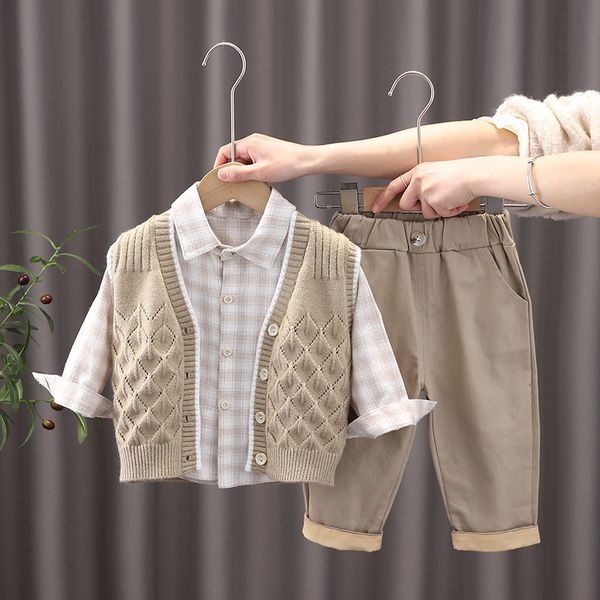 

clothing sets fashion baby girls boys kids spring wear cotton suit sweater vest plaid shirt pants 3pcs set outfit children 230830, White