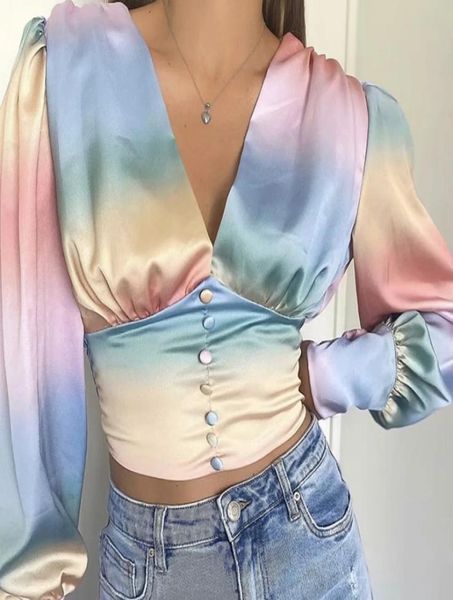 

rainbow tiedye blouse womenlong sleeve vneck blouse ladies sling buttons chic 2020 fashion summer5394424, White