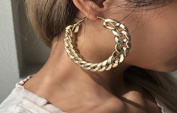 

new fashion 83mm large hoop earrings for women gold plated thick chain geometric round earrings statement jewelry party gifts8336246, Golden;silver