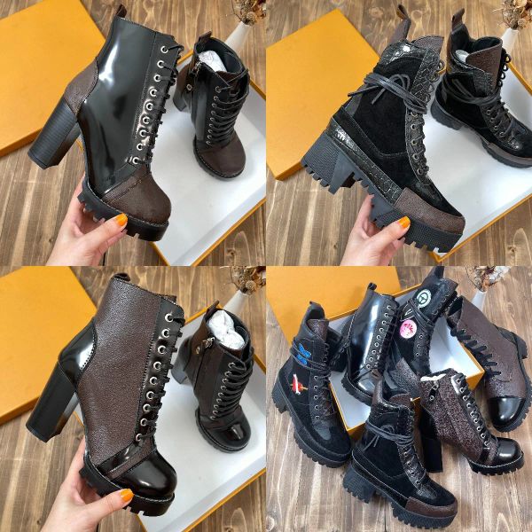 

designer women laureate boots flamingos love arrow medal martin boot winter genuine leather coarse high heel shoes luxury desert chunky heel, Black