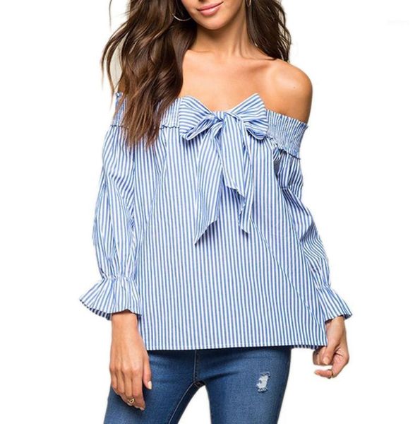 

2018 off shoulder summer long flare sleeve women blouses striped ladies office shirts bowknot tie ruffle femme blusas14280642, White