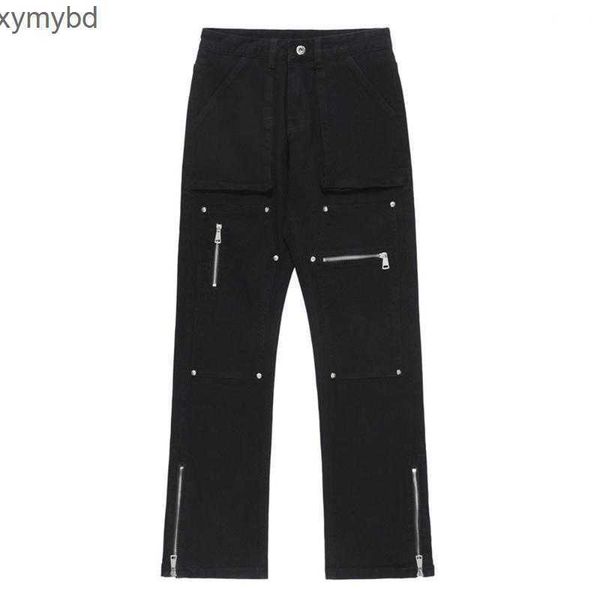 

men's jeans ankle zipper multiple pockets high street y2k for man black beige, Blue