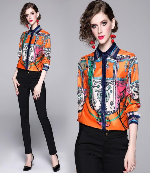 

luxury design runway printed shirts long sleeve 2021 womens button front lapel neck vintage shirt classic casual office ladies ol 1420827, White