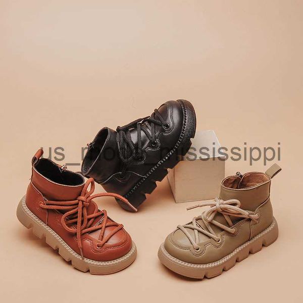 

athletic outdoor autumn winter new motorcycle style boys' trend anti slip single boot girls' front lace up side zipper soft sole w, Black