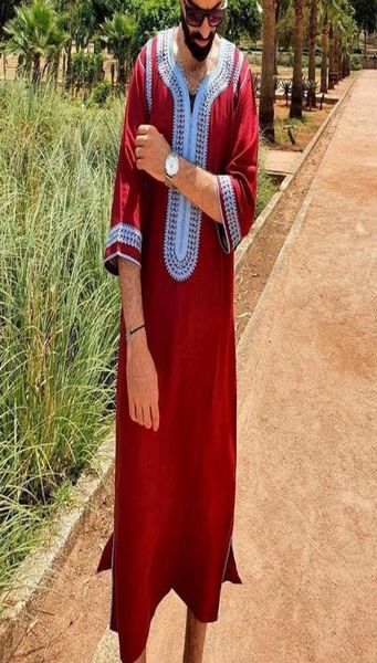 

ethnic clothing muslim men jubba thobe long sleeve islamic embroidery vneck kimono robe abaya caftan dubai arab dress shirt whole7875792, Red