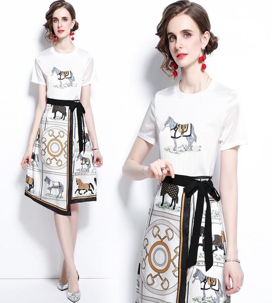 

trend womens set tshirtskirt short sleeve printed summer two piece set highend lady irregular trendy sets fashion work casual s2573750, White