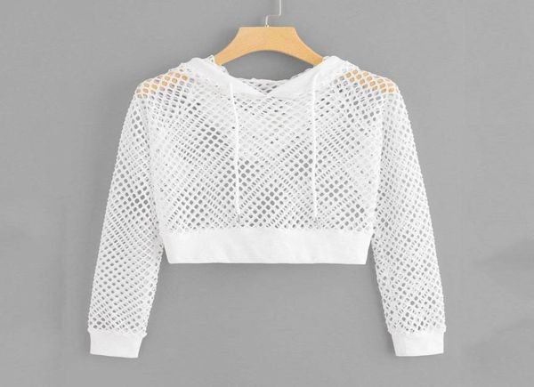 

fishnet women hoodies perspective mesh cropped hoodie solid long sleeve hooded sweatshirt short pullover sudadera mujer2801860, Black
