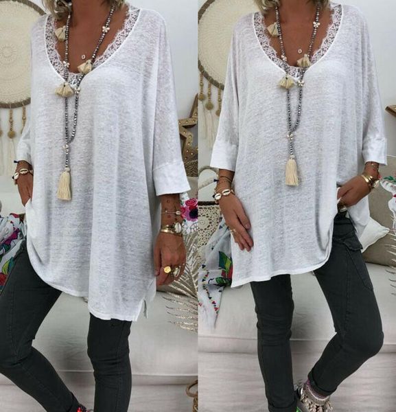 

2019 new summer autumn women long sleeve v neck blouses soft loose long shirt pullover lace blouse plus size 4097574, White
