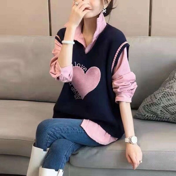

sweaters for women spring love suit womens shirt v neck vest sweet two piece set, White;black