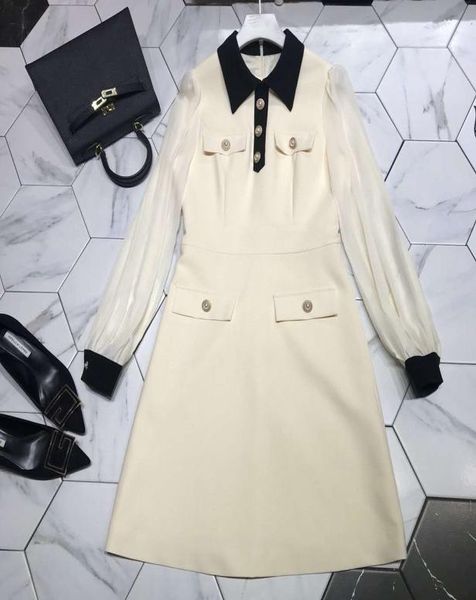 

2020 autumn blackapricot women dress designer lapel neck mesh long sleeves runway dress high end buttons below knee dresses vesti4714637, Black