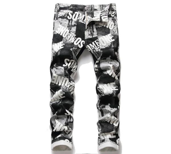 

men039s jeans print stylish men stretch pencil jeans trousers hip hop slim denim pants for party creative black and white squar7115186, Blue