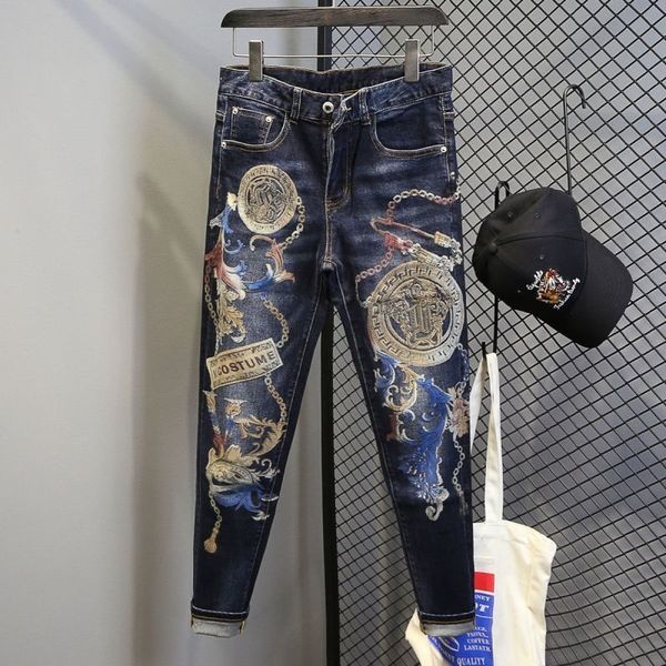 

men's jeans tapered graphic jeans for men with print hip hop motorcycle mens cowboy pants boot cut summer straight xs trousers 230830, Blue