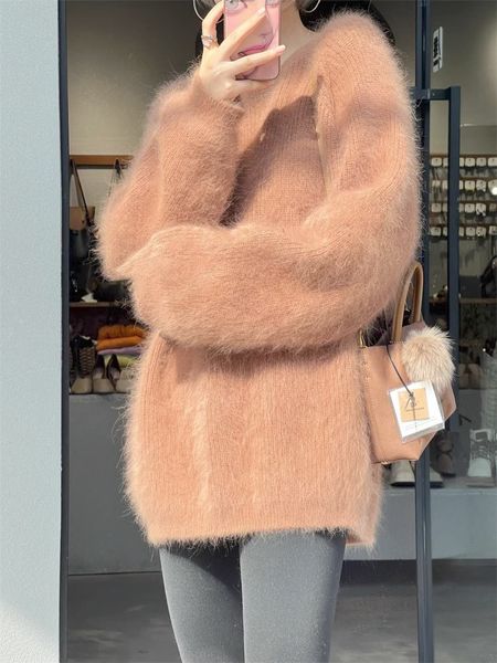 

women's sweaters mink cashmere sweater medium long autumn winter gentle wind fluffy pullover soft waxy jz224 230831, White;black