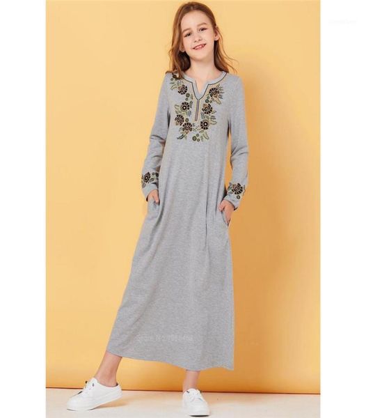 

islamic clothing muslim abaya robe kids teen girls middle east dubai arabian fahsion floral embroidery pocker gray dress child12286003, Red