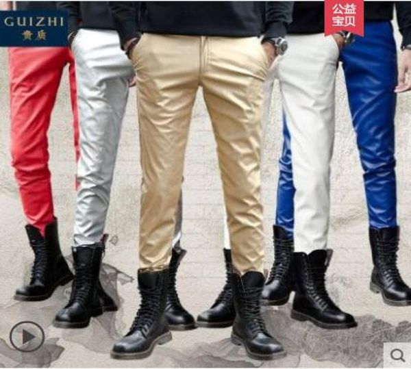 

plus velvet leather pants mens feet pants fashion motorcycle pu trousers for men personality pantalon homme spring autumn gold1418389, Black