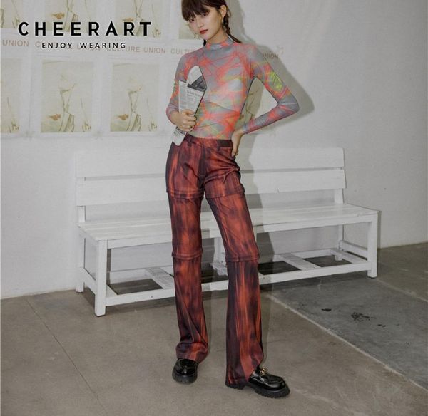 

cheerart blood red detachable long pants summer trousers women wide leg pants psychedelic print street wear fashion pants 2011134733370, Black;white