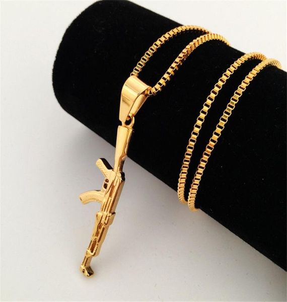 

18k gold plated machine gun pendant army charm bullet necklace stainless steel 27inches70cm long box chain necklace men039s c6706896, Silver