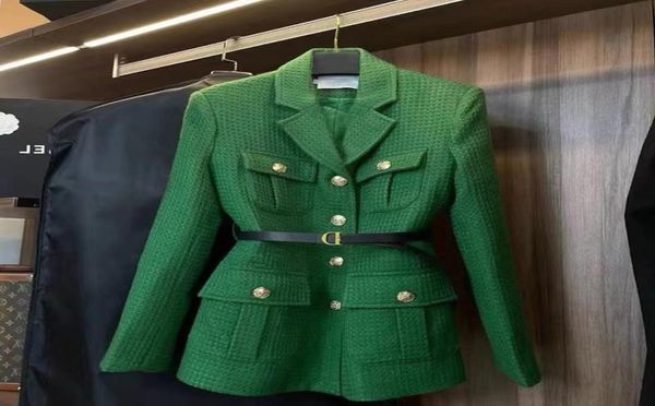 

business formal women039s green gold buckle turn down collar clothes women office ladies pockets woolen coat with belt streetwe5054229, White;black