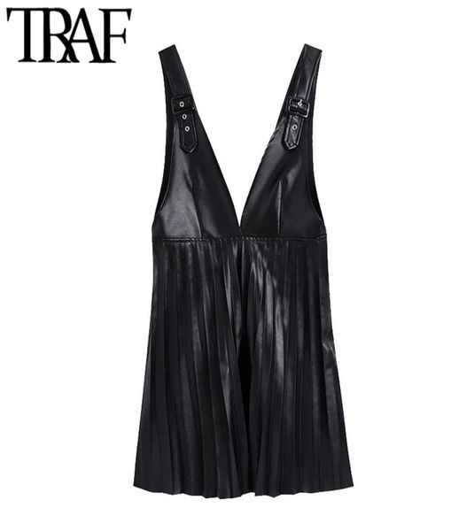 

traf women fashion faux leather pleated mini pinafore skirt vintage v neck wide adjustable straps female skirts mujer 2103091770542, Black