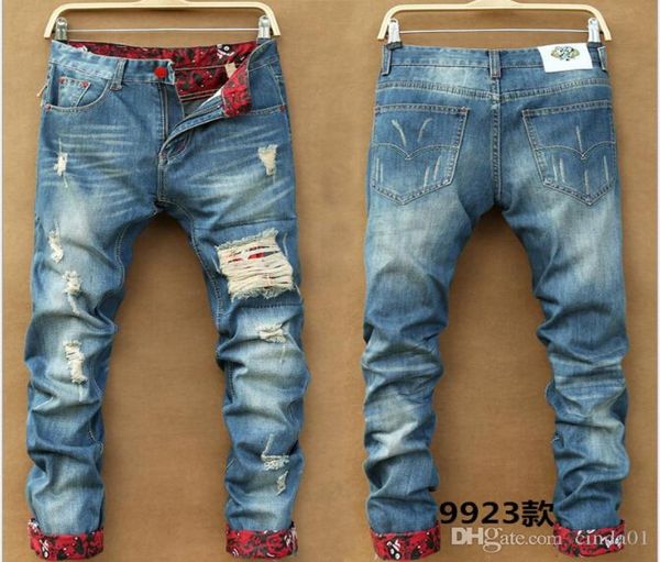 

men039s slim skinny pants runway straight elastic denim pants destroyed ripped jeans8406047, Blue