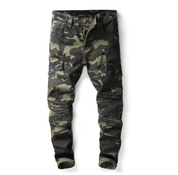 

mens camouflage fold skinny jeans fashion designer pocket panelled causal camo stretch denim pants hip hop trousers9607185, Blue