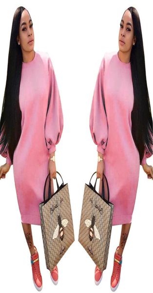 

pink long sweatshirts 2018 winter women casual cotton blend long lantern sleeve round collar loose solid pullovers daily midi dres9140388, Black
