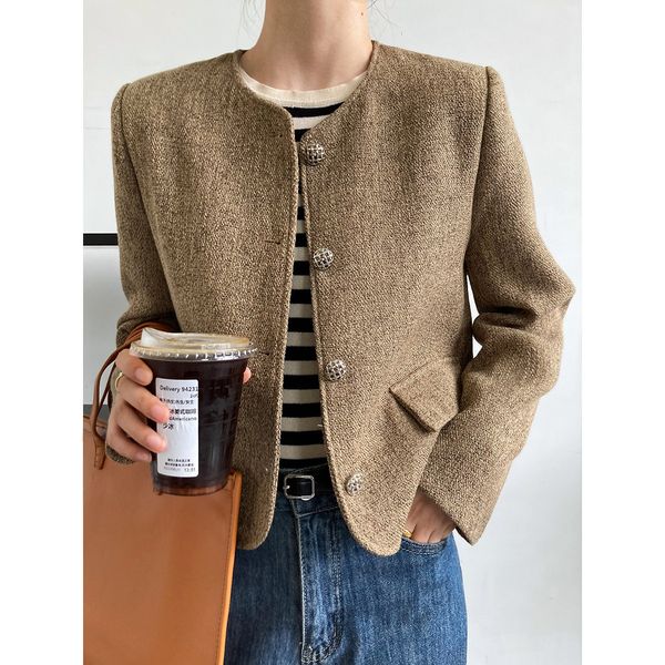 

women's wool blends women's single button tweed crop jacket brown gray short blazer 230830, Black