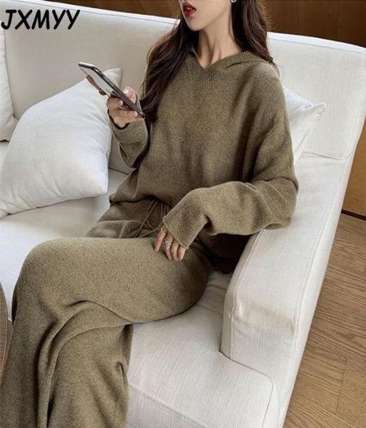 

jxmyy spring autumn knit sweater hooded women tracksuit long sleeve cashmere pullovers elastic pants suit sporting set p611 2103046897320, White