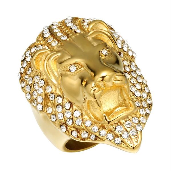 

lujoyce hiphop lion head ring micro pave rhinestone iced out bling mens ring ip gold filled titanium stainless steel rings for men247c, Golden;silver