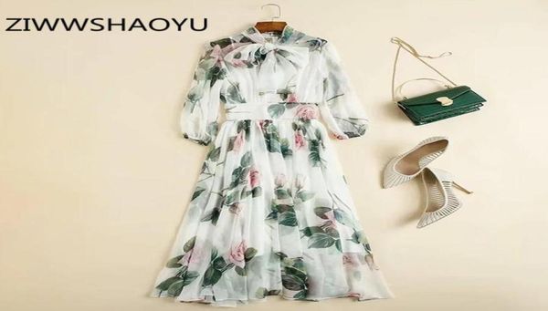 

female summer elegant fashion midi dresses runway designer women bow tie floral print high waist flowy dress casual5562757, Black;gray
