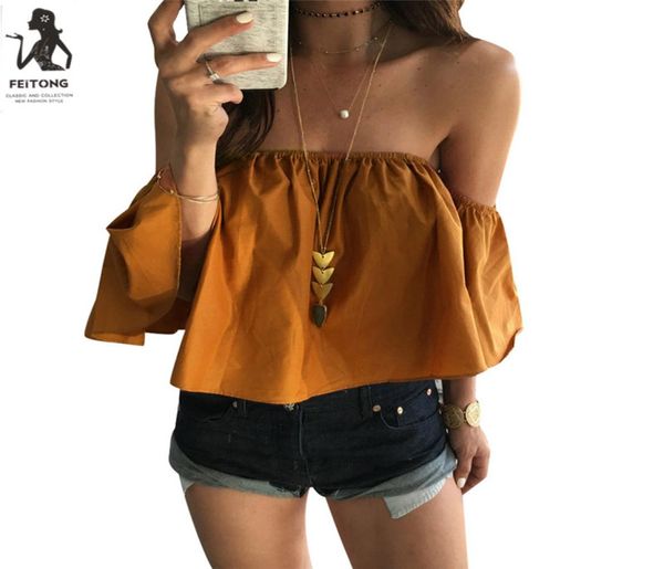 

feitong off shoulder blouse cropped for women039s sleeveless shirt solid ruffle blouse woman chemises femme camisas mu2593591, White