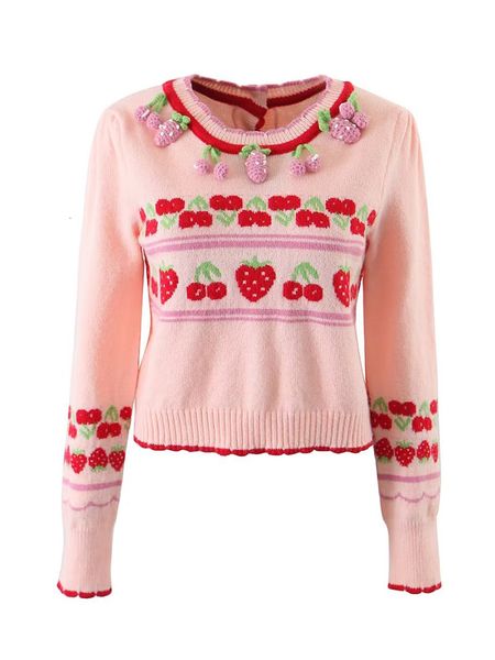 

women's sweaters yenkye fashion women sweet pink strawberry cherry thin knit sweater o neck long sleeve female crop pullover autumn 23, White;black