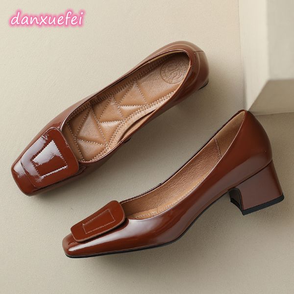 

dress shoes danxuefei plus size 34-42 women's patent leather square toe slip-on pumps 5cm thick med heel ol style casual shoes for wome, Black